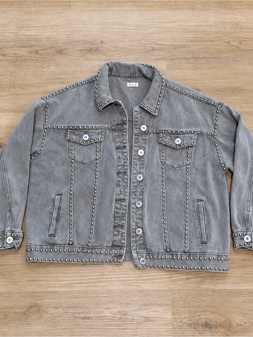 POL Gray Stud-Trim Denim Jacket